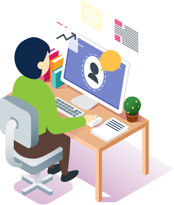 Cartoon image of someone working from home at their desk on their computer